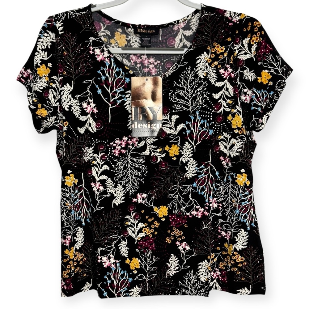 BY Design Black Floral Short Sleeve Top Size L‎